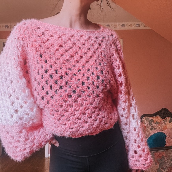 Handmade Crochet Pink Ombre Granny Square Fuzzy Sweater Size S/M - Picture 6 of 8